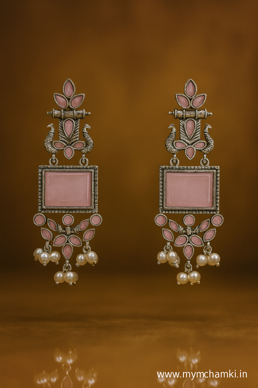 Oxidized Pink Stone Earrings with Pearl Drops – Elegant Ethnic Design