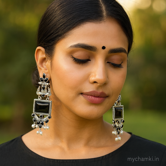 Oxidized Black Stone Earrings with Pearl Drops – Statement Design