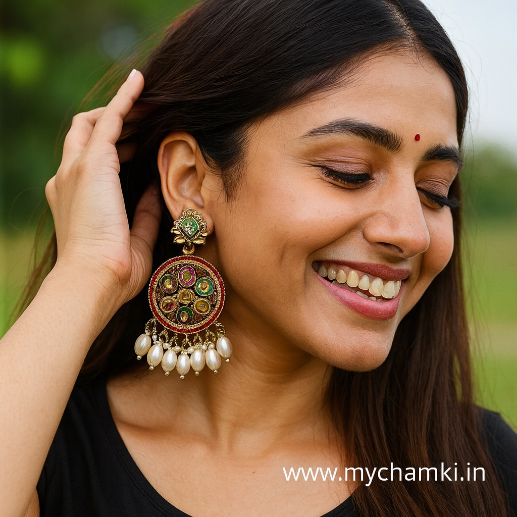 Multicolor Kundan Earrings with Pearls – Round Ethnic Design