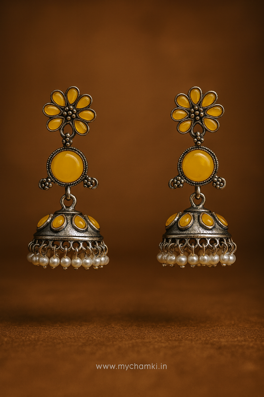Yellow Flower Jhumka Earrings with Pearls – Oxidized Silver
