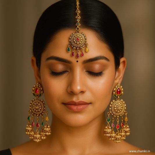 Multicolor Kundan Earrings with Maang Tikka – Pearl Jhumki Set