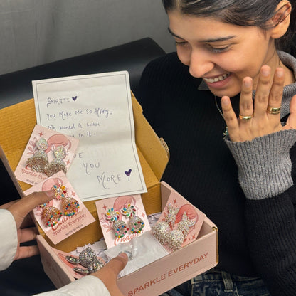 “Love Spark” Combo – 5 Pair Earrings with Free Silver Bow Ring & Personalized Handwritten Love Note | Perfect Gift for Her