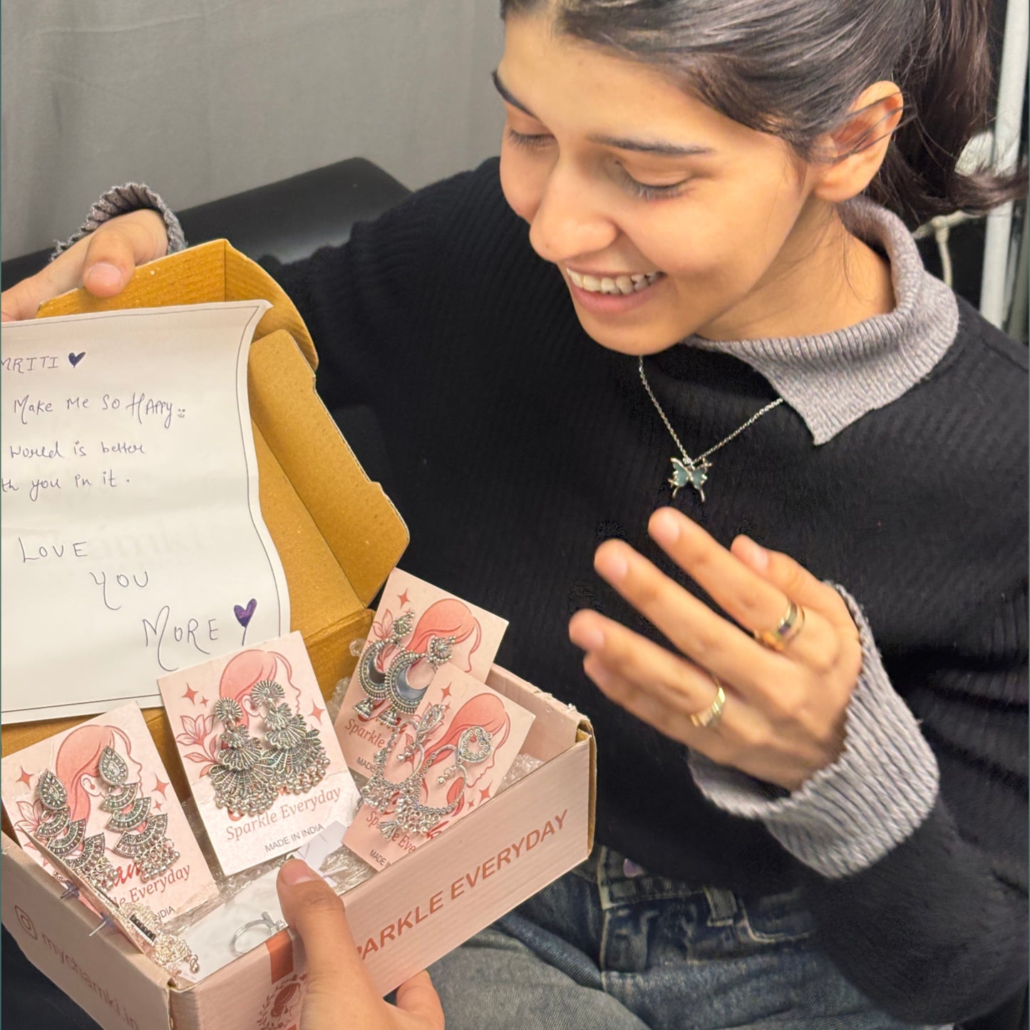 Oxidised Silver Jhumka Combo (5 Stylish Earrings + Free Bow Ring & Handwritten Love Letter)