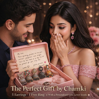 “Love Spark” Combo – 5 Pair Earrings with Free Silver Bow Ring & Personalized Handwritten Love Note | Perfect Gift for Her