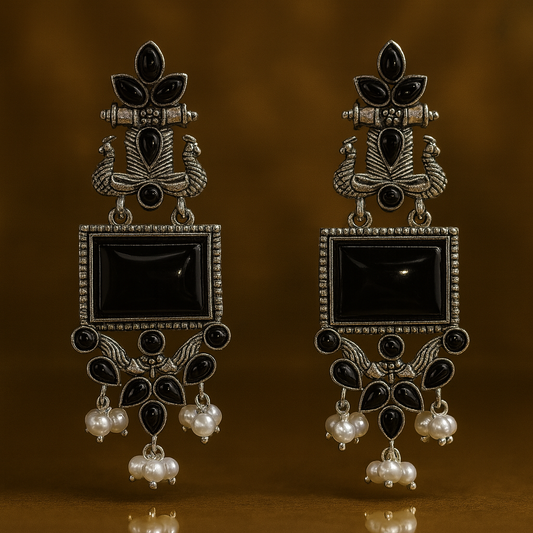 Oxidized Black Stone Earrings with Pearl Drops – Statement Design