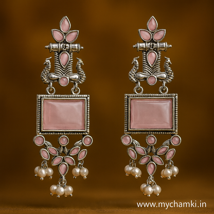 Oxidized Pink Stone Earrings with Pearl Drops – Elegant Ethnic Design