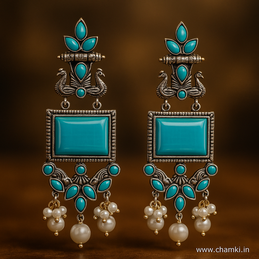 Oxidized Turquoise Stone Earrings with Pearl Drops – Ethnic Silver Design