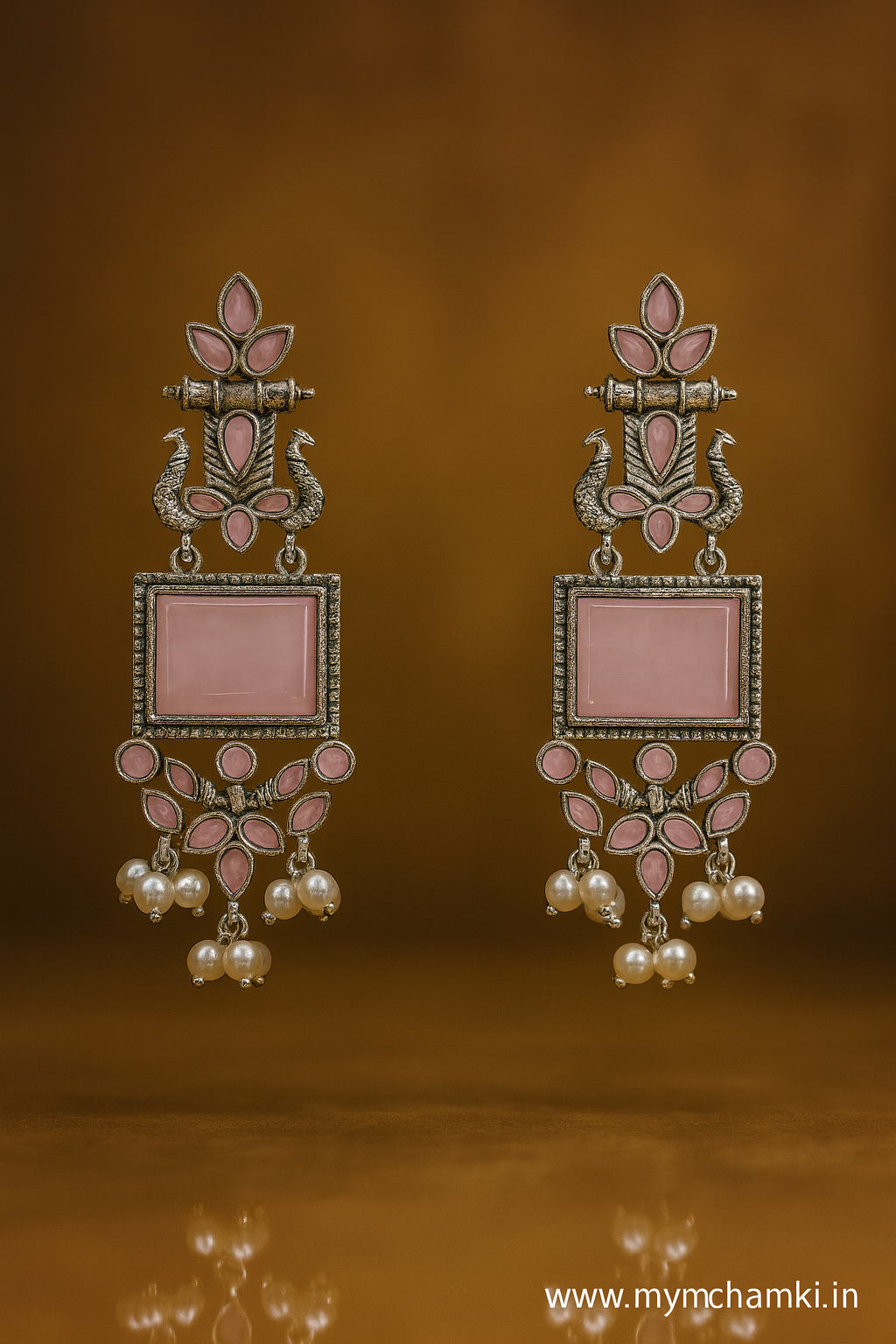 Oxidized Pink Stone Earrings with Pearl Drops – Elegant Ethnic Design