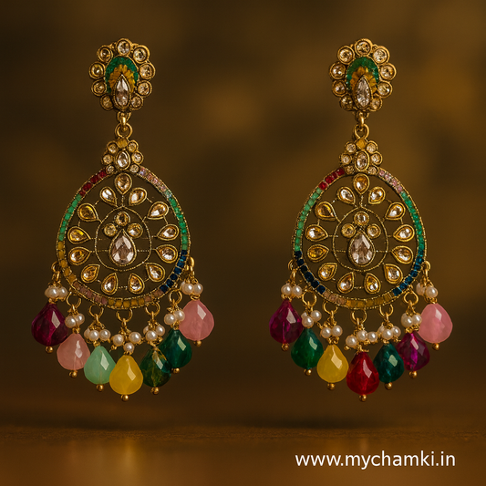 Multicolor Beaded Kundan Earrings – Gold Finish Ethnic Desig