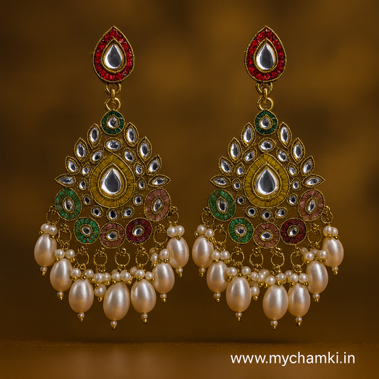 Bridal Multicolor Kundan Earrings with Pearl Drops – Heavy Ethnic Design