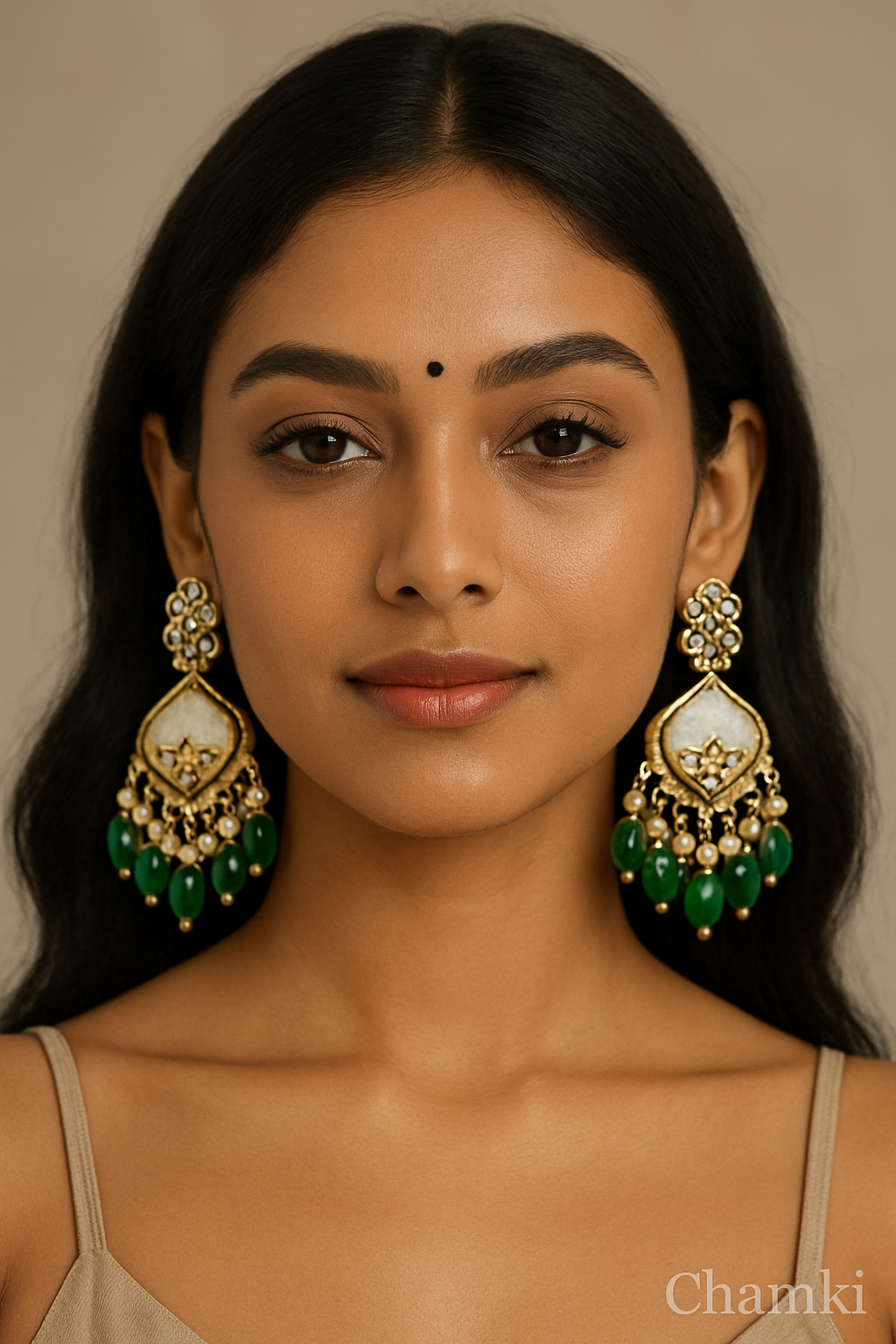 Green Beaded Kundan Earrings with Pearls – Gold Finish