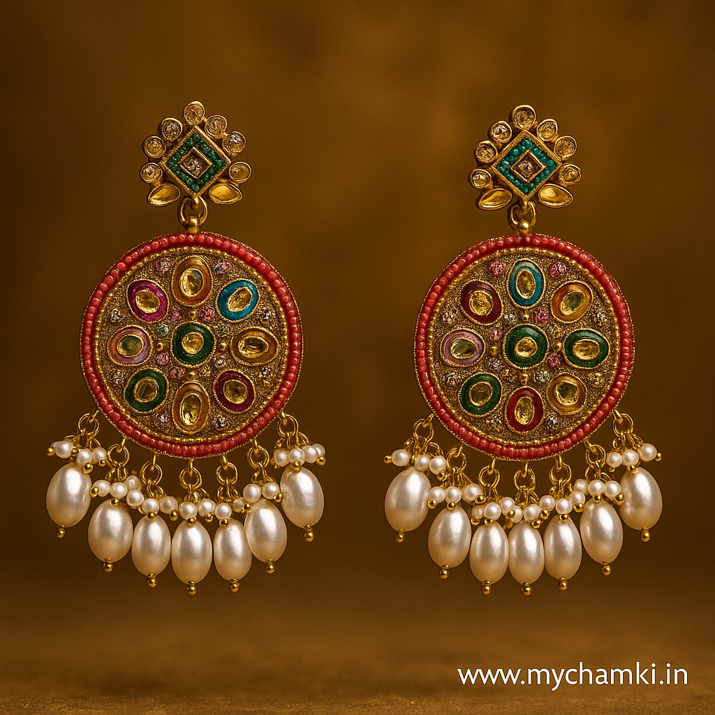 Multicolor Kundan Earrings with Pearls – Round Ethnic Design