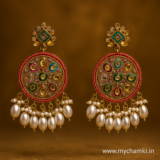 Multicolor Kundan Earrings with Pearls – Round Ethnic Design