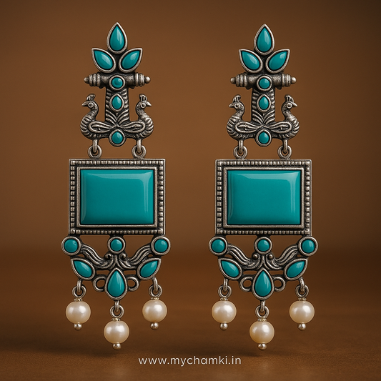Oxidized Turquoise Stone Earrings with Pearl Drops – Ethnic Silver Design