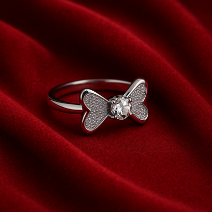 Elegant Silver Bow Knot Ring with Sparkling Crystal for Women