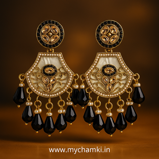 Black Beaded Kundan Earrings – Gold Finish Ethnic Design