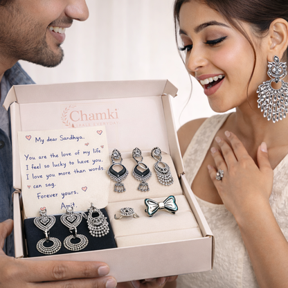 Oxidised Silver Jhumka Combo (5 Stylish Earrings + Free Bow Ring & Handwritten Love Letter)