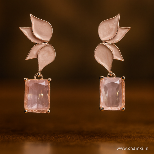 Pastel Pink Stone Drop Earrings – Leaf Design Party Wear