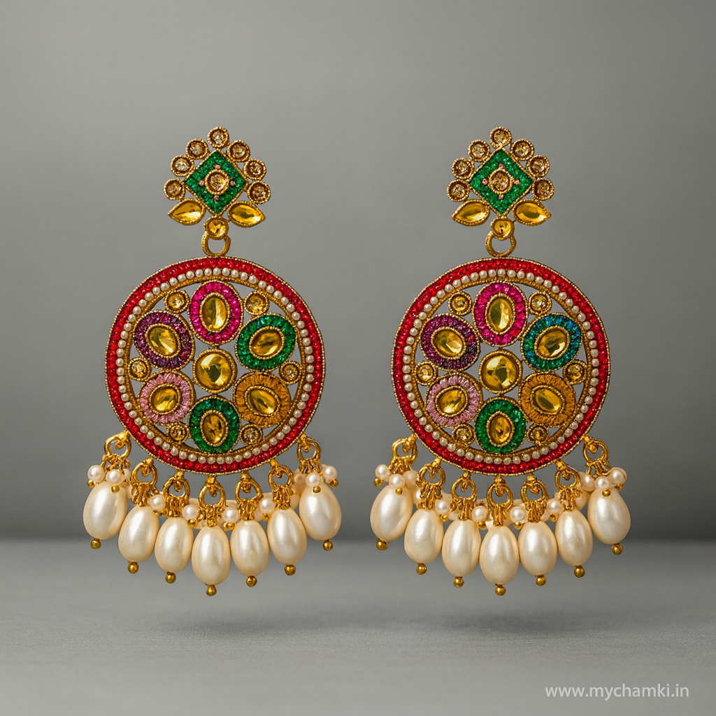 Multicolor Kundan Earrings with Pearls – Round Ethnic Design