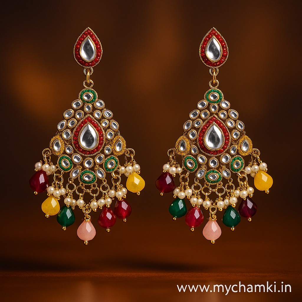 Bridal Multicolor Beaded Kundan Earrings – Heavy Gold Finish Design