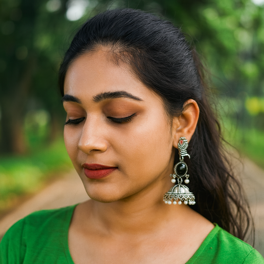 Oxidized Fish Motif Jhumka Earrings with Black Stone & Pearls