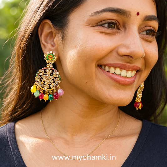 Multicolor Beaded Kundan Earrings – Gold Finish Ethnic Desig