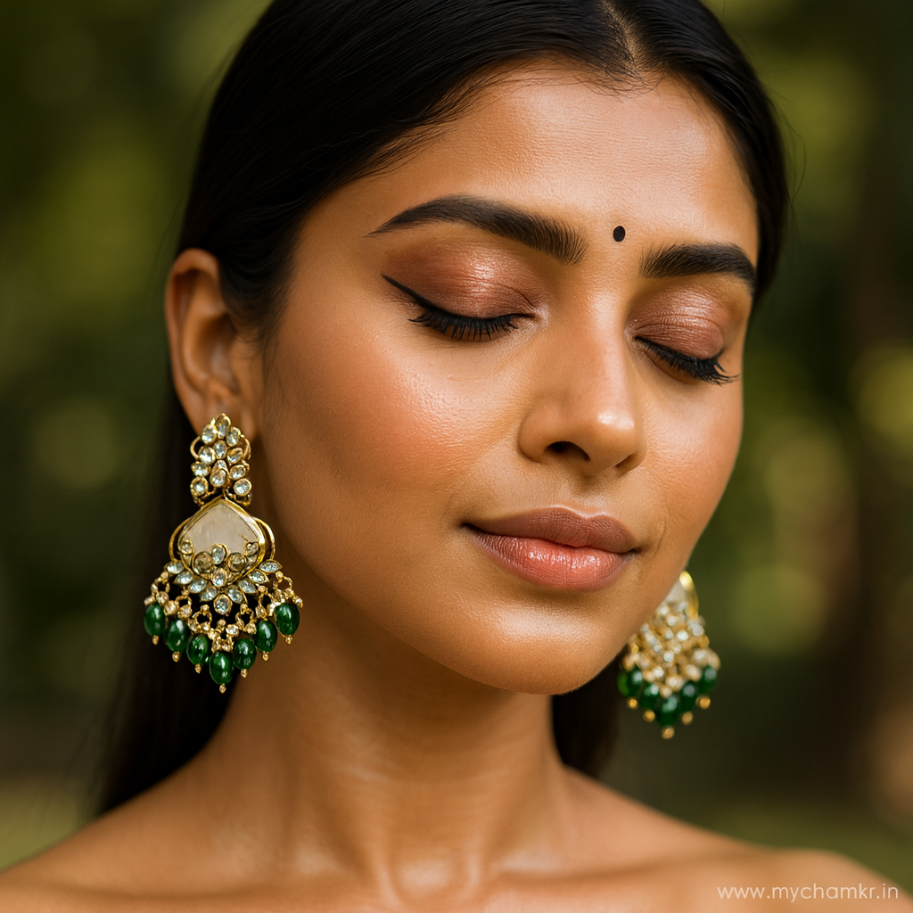 Green Beaded Kundan Earrings with Pearls – Gold Finish