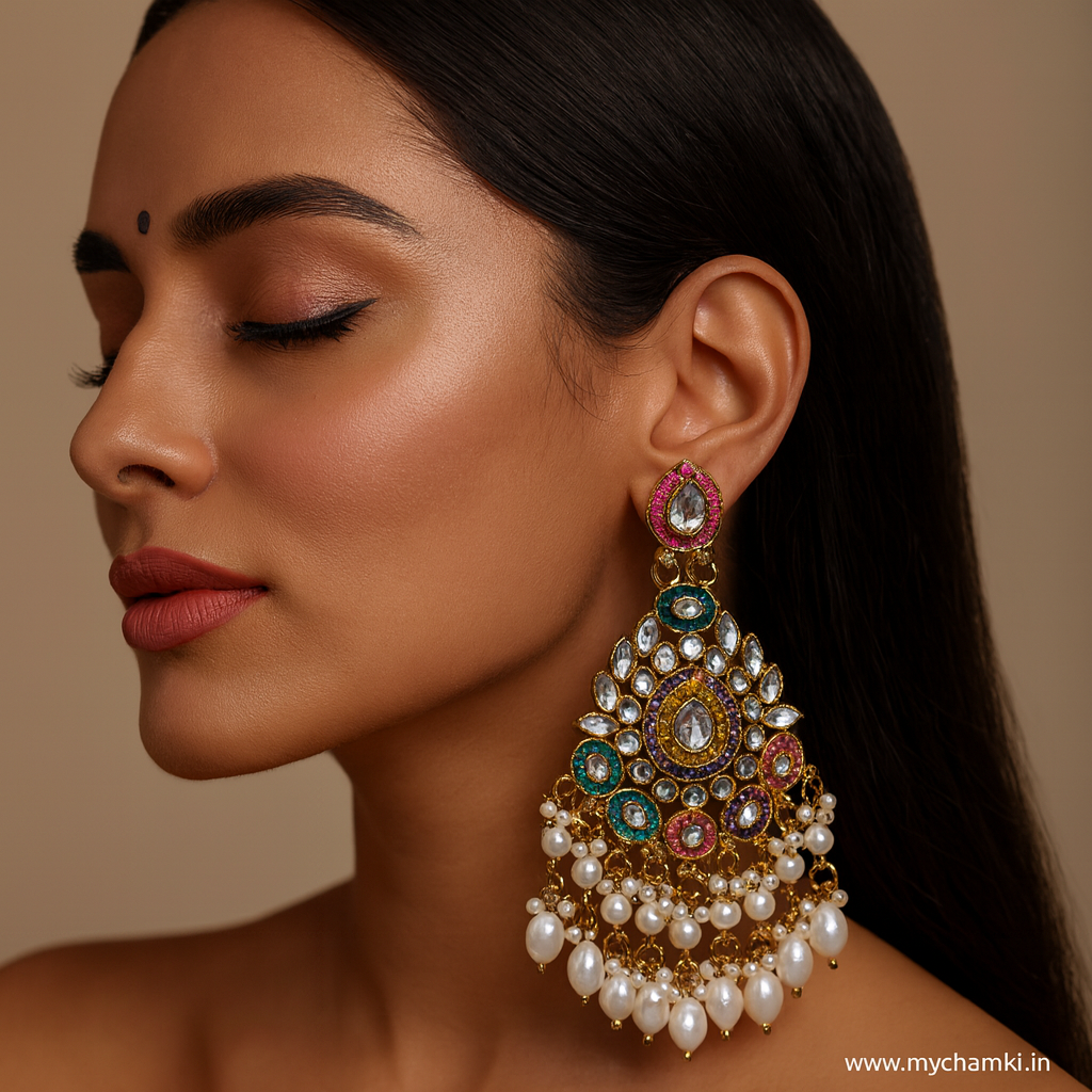 Bridal Multicolor Kundan Earrings with Pearl Drops – Heavy Ethnic Design