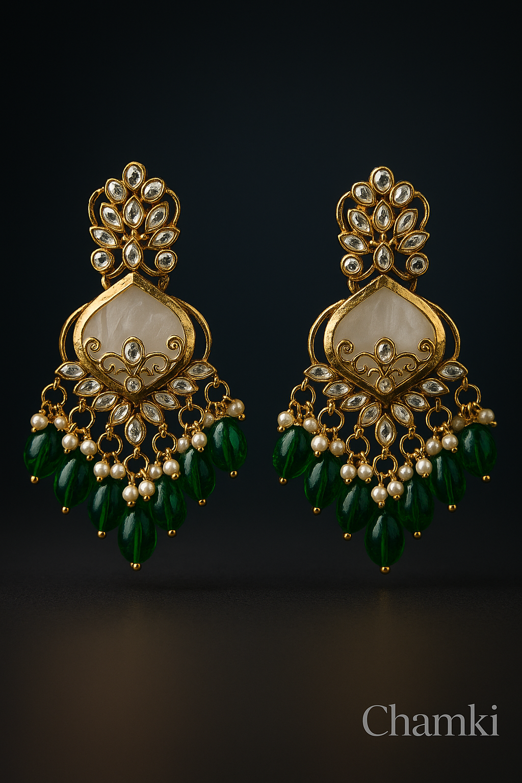Green Beaded Kundan Earrings with Pearls – Gold Finish