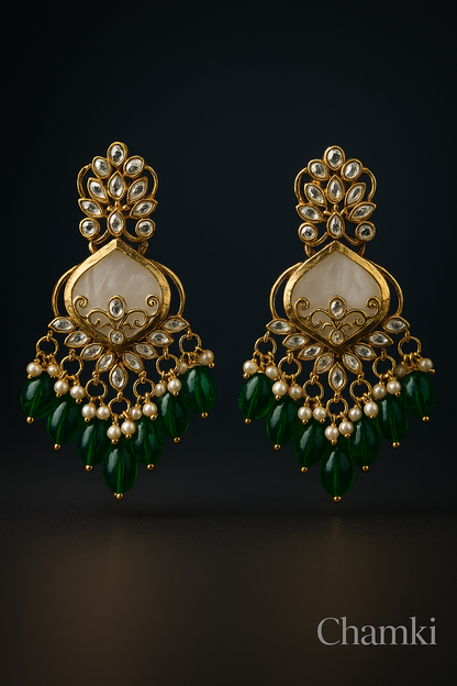 Green Beaded Kundan Earrings with Pearls – Gold Finish