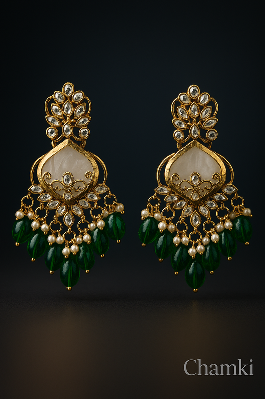 Green Beaded Kundan Earrings with Pearls – Gold Finish
