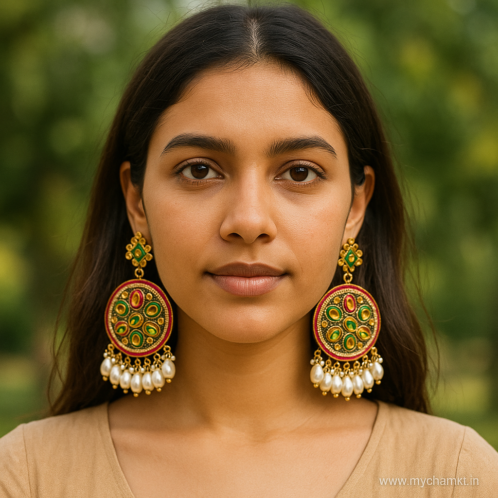 Multicolor Kundan Earrings with Pearls – Round Ethnic Design