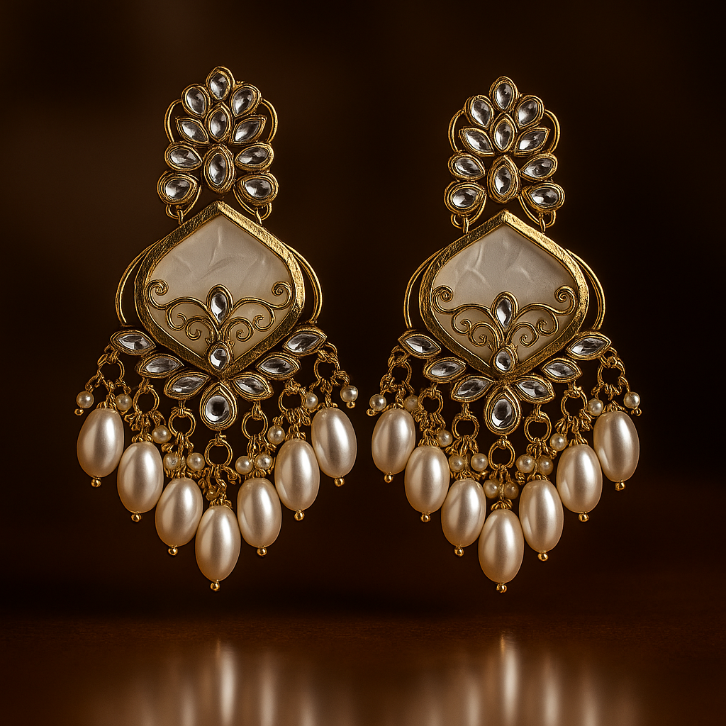 White Pearl Drop Kundan Earrings – Gold Finish Bridal Design