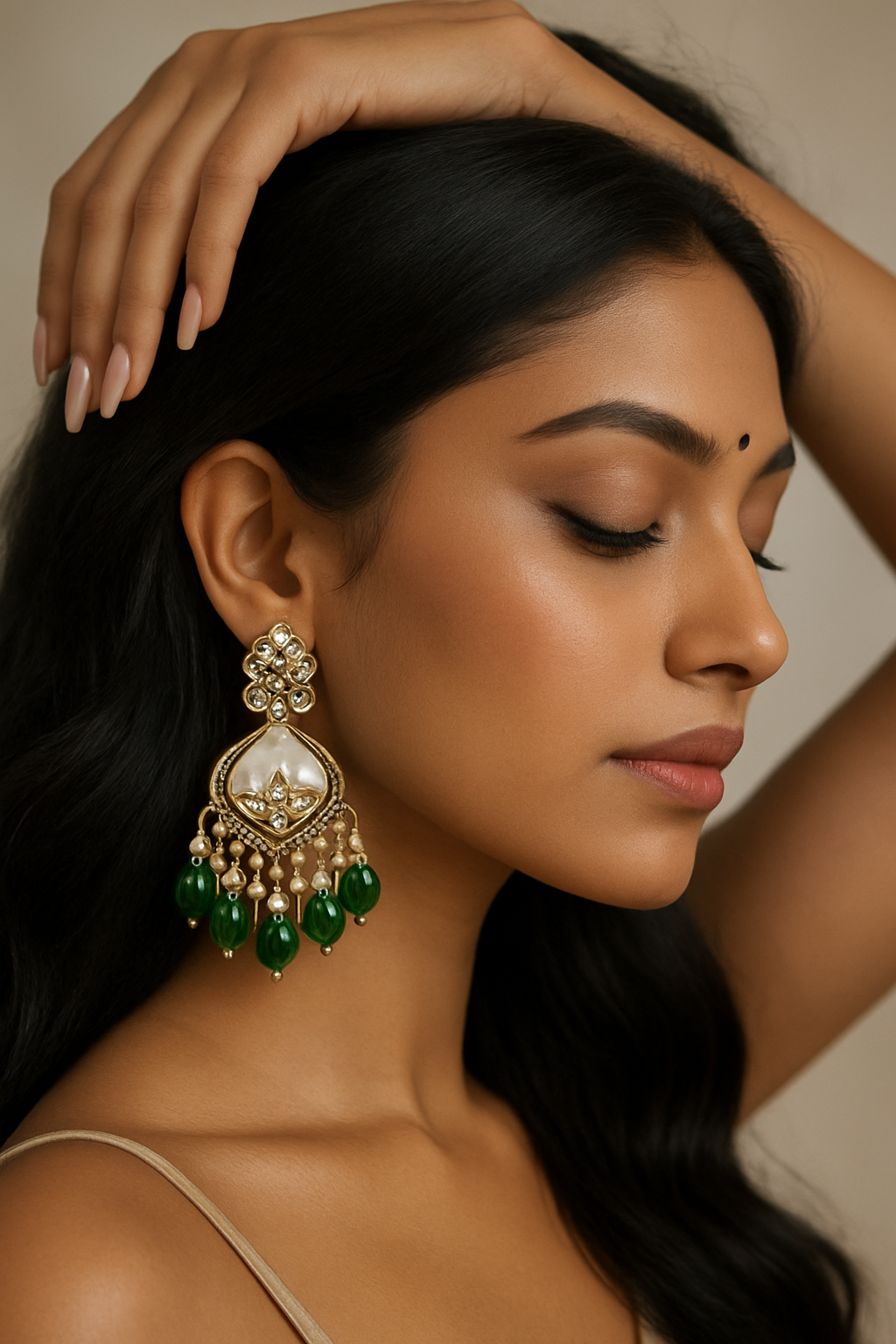 Green Beaded Kundan Earrings with Pearls – Gold Finish