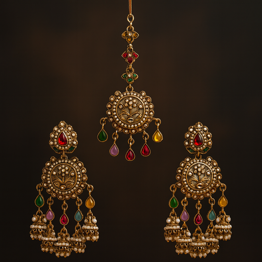 Multicolor Kundan Earrings with Maang Tikka – Pearl Jhumki Set