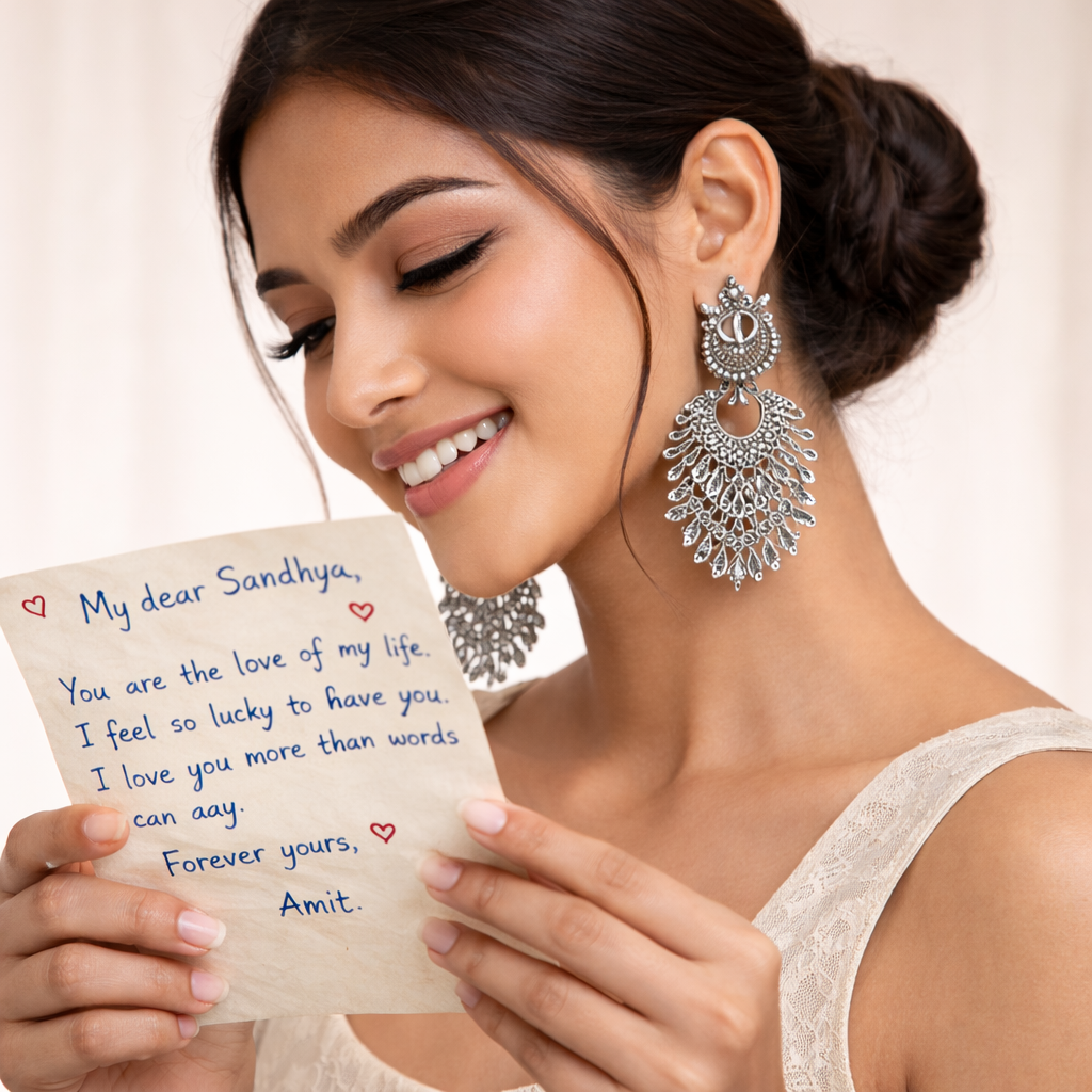 Oxidised Silver Jhumka Combo (5 Stylish Earrings + Free Bow Ring & Handwritten Love Letter)