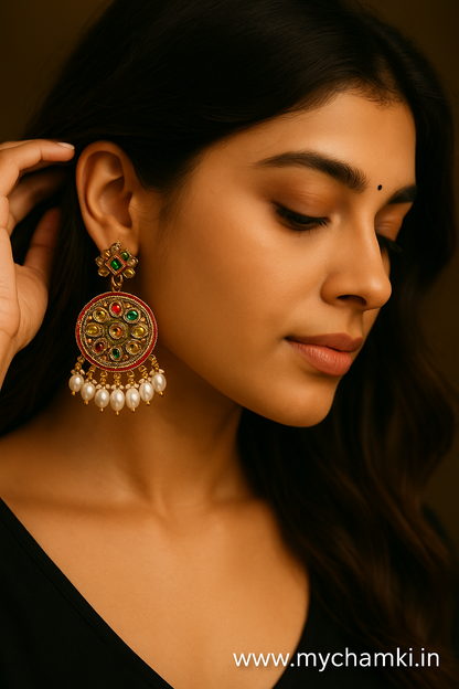 Multicolor Kundan Earrings with Pearls – Round Ethnic Design