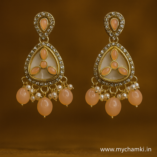 Peach Stone Earrings with Pearls – Gold Finish Ethnic Design