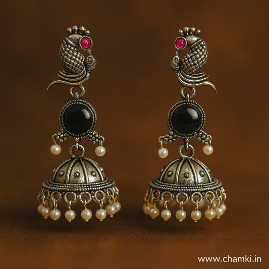 Oxidized Fish Motif Jhumka Earrings with Black Stone & Pearls