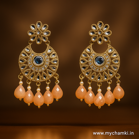 Peach Beaded Kundan Earrings – Gold Finish Festive Design