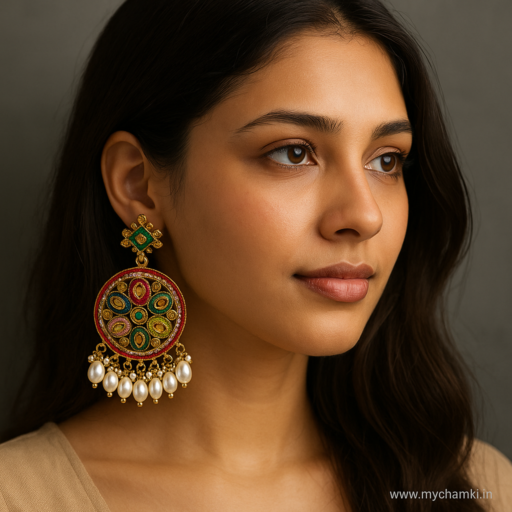 Multicolor Kundan Earrings with Pearls – Round Ethnic Design