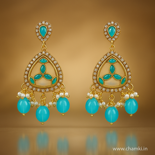 Green & Blue Beaded Kundan Earrings – Gold Finish Ethnic Design
